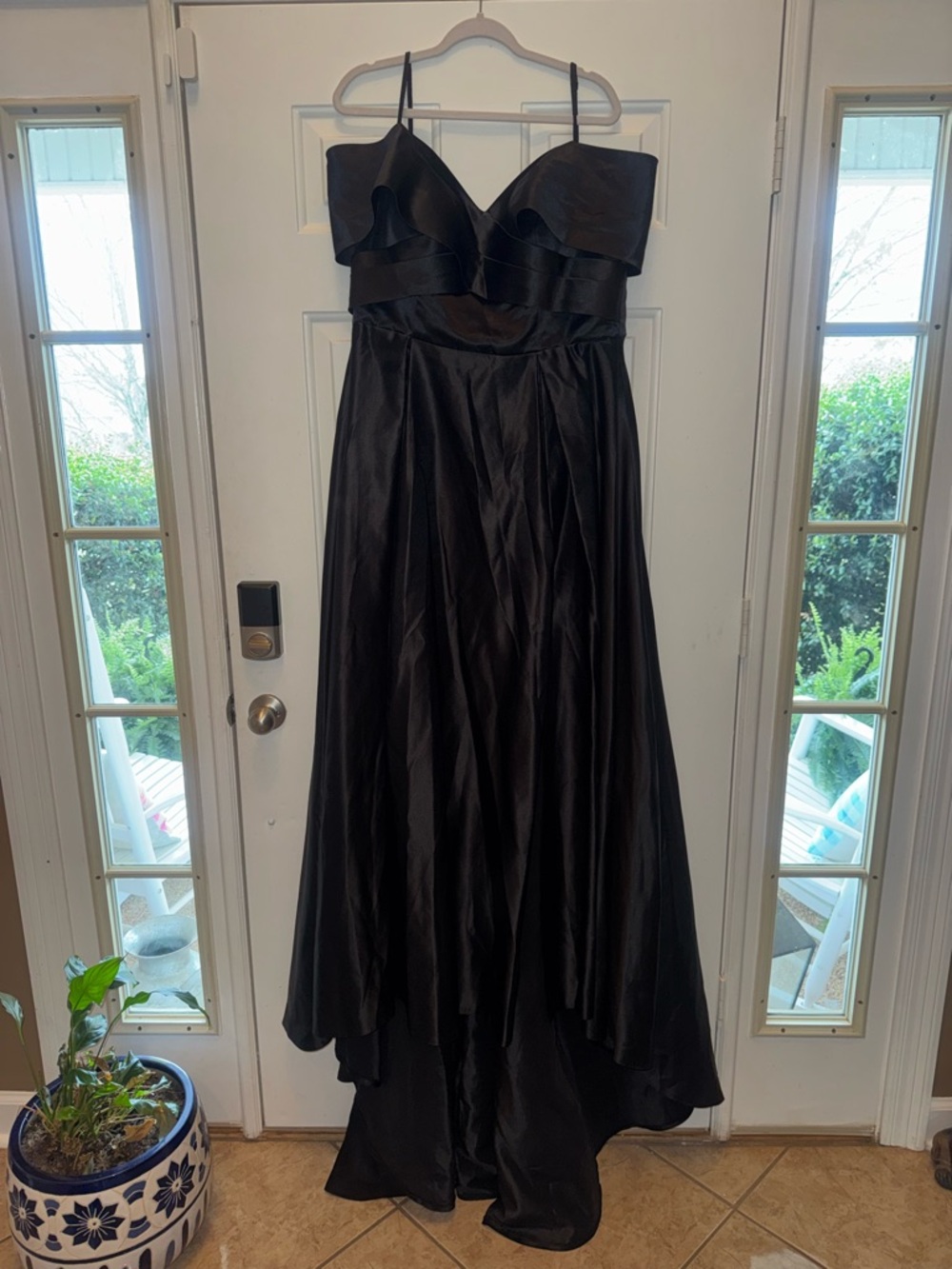 Elegant Black Satin Evening Gown with Ruffle Bodice